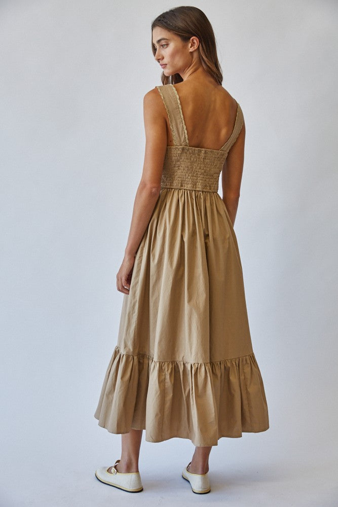 Taupe Cotton Tie Detail Maxi Dress