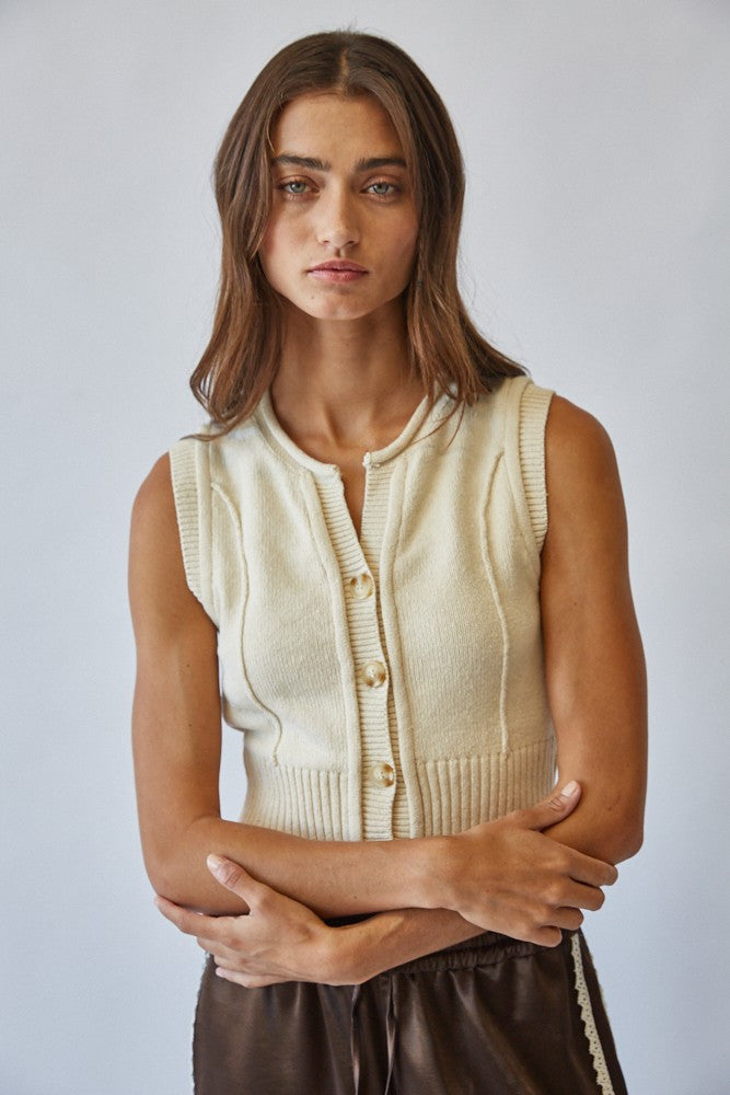 Natural Roll Up Neck Sweater Vest Top