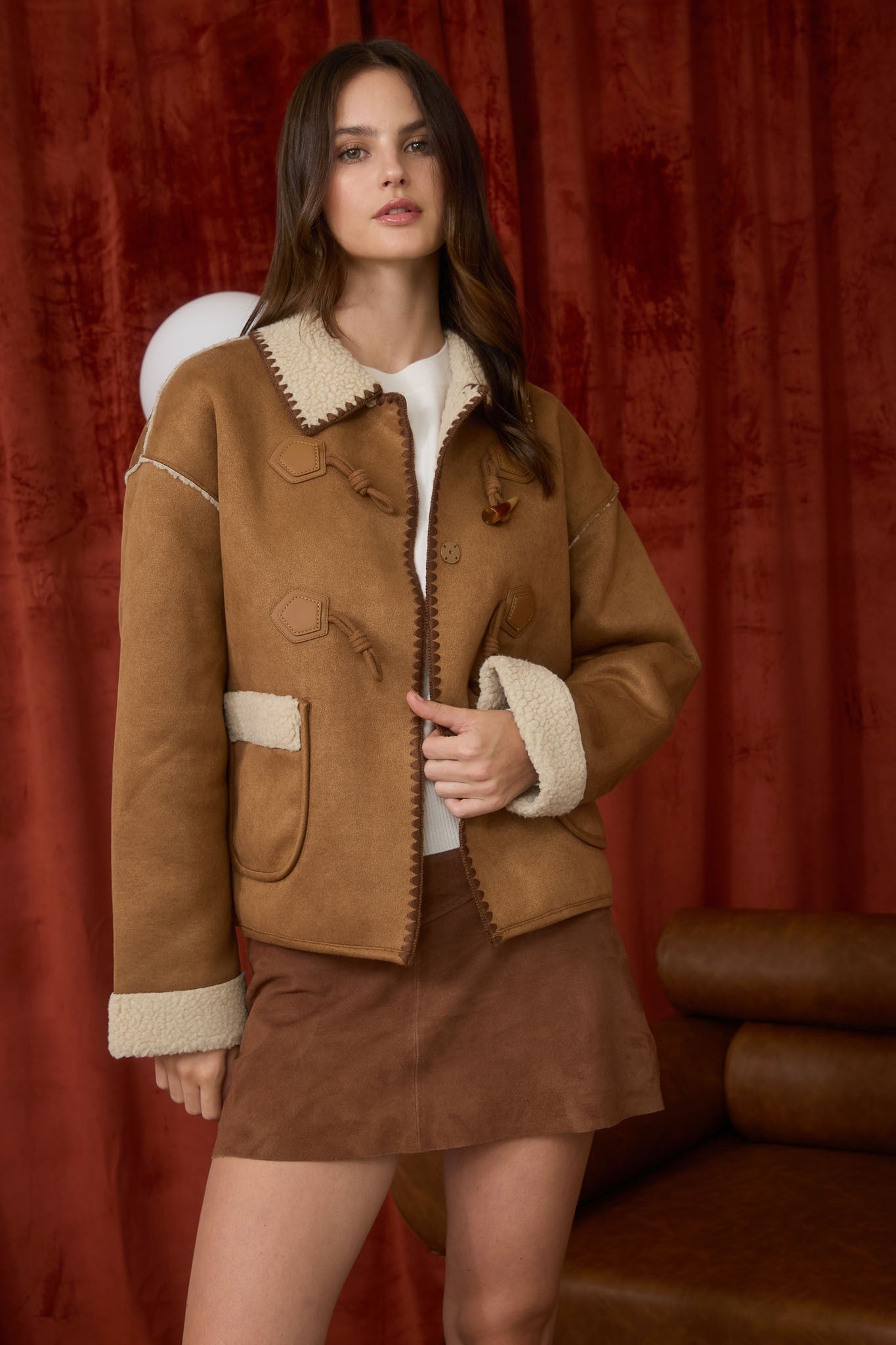 Faux Shearing Suede Toggle Button Jacket