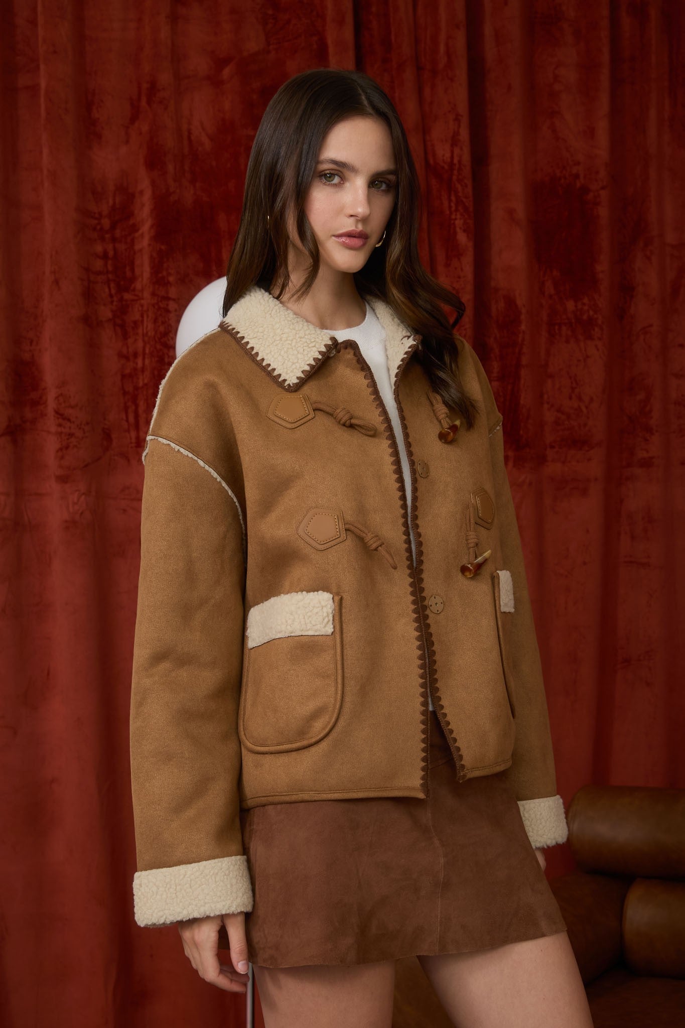 Faux Shearing Suede Toggle Button Jacket