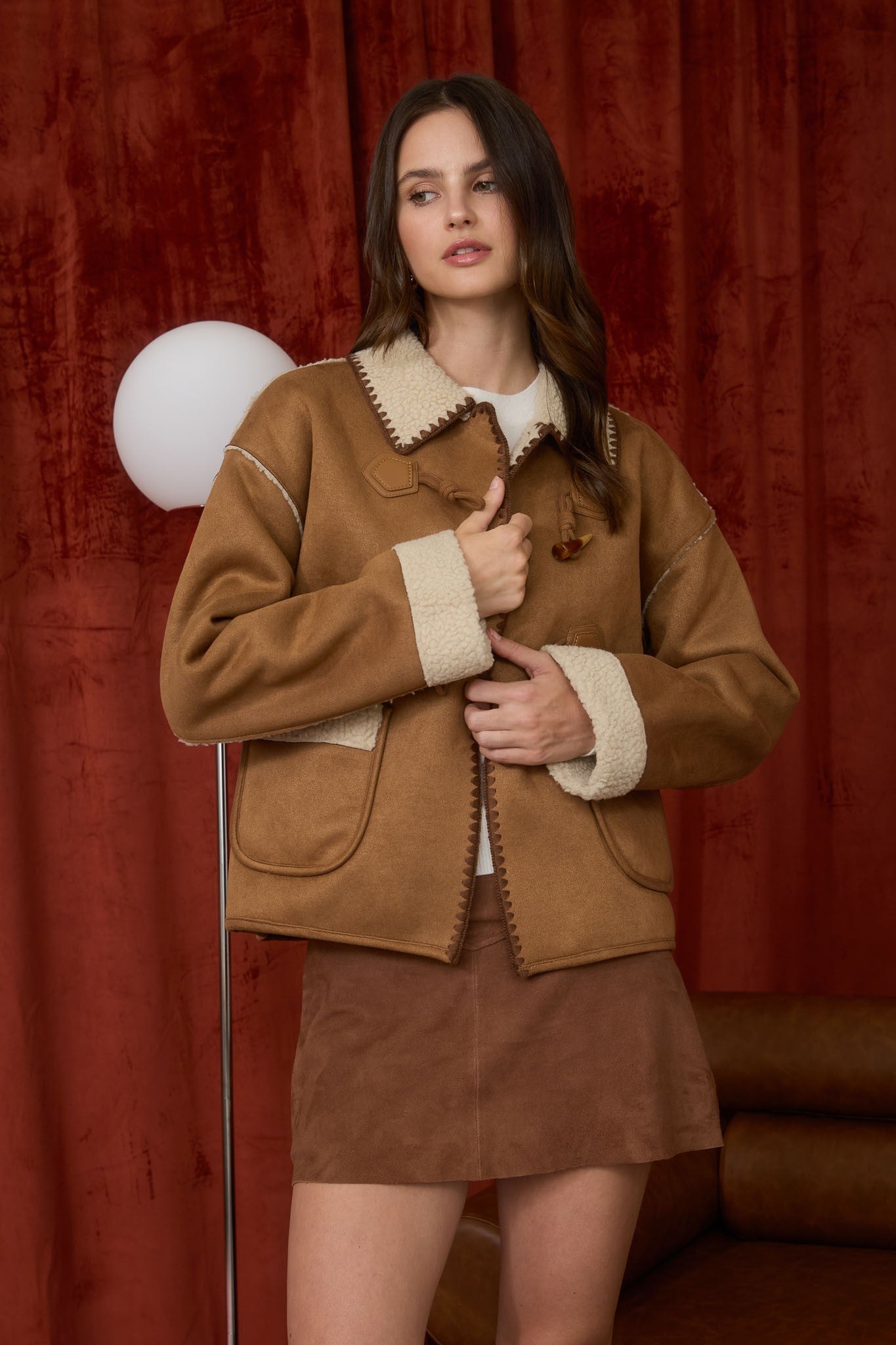 Faux Shearing Suede Toggle Button Jacket