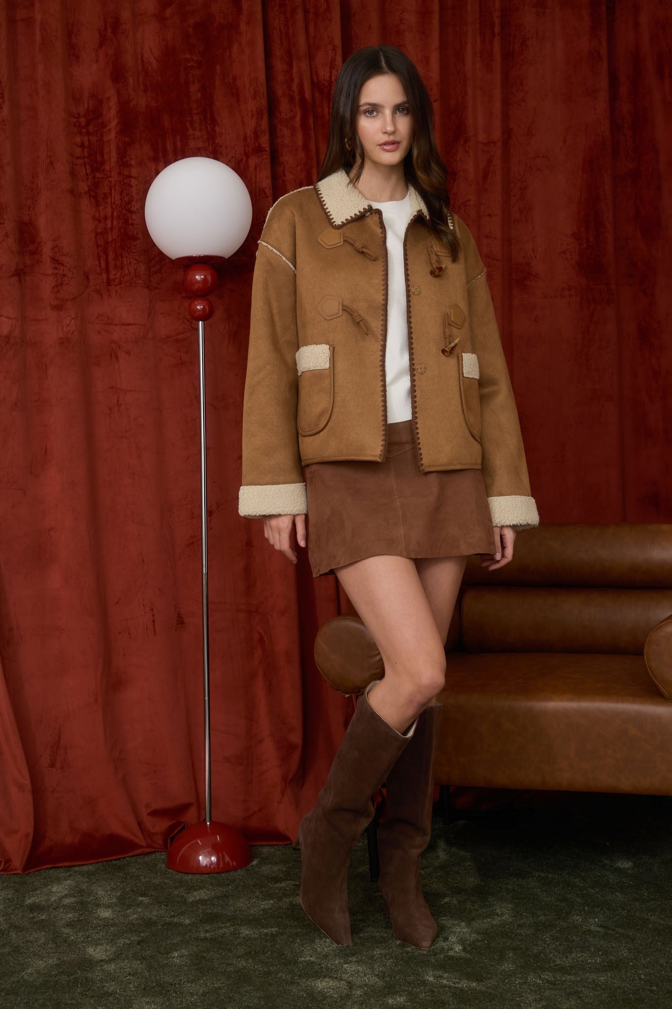 Faux Shearing Suede Toggle Button Jacket