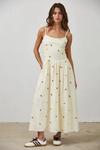 Embroidered Leaf Cotton Maxi Dress