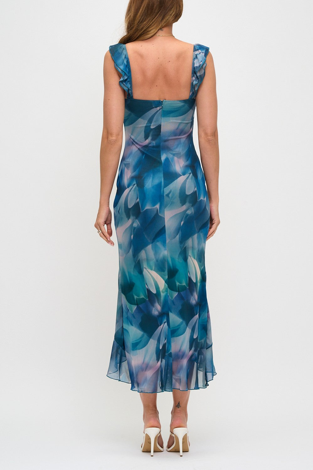 Teal Cutout Ruffle Slit Dress