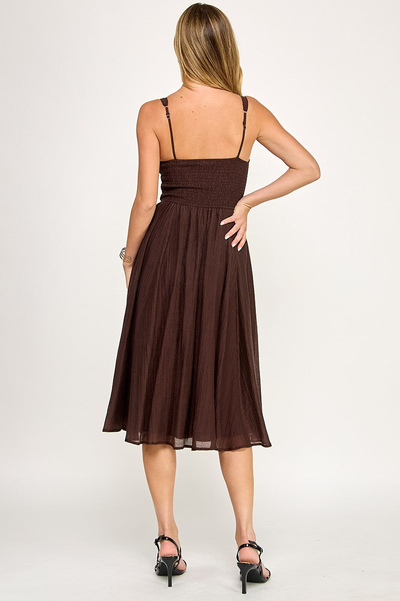 Brown Smocked Midi Dress