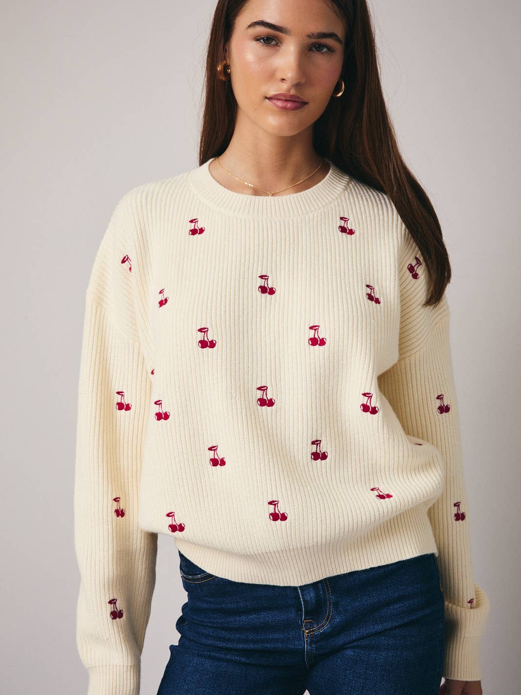 Cream Embroidered Cherries Sweater
