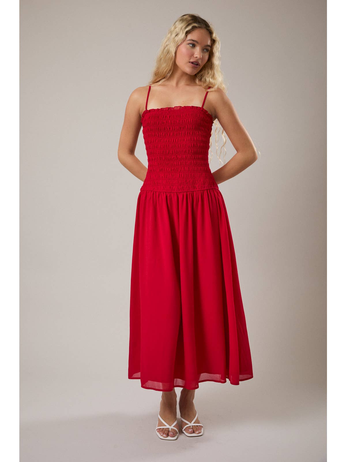 Red Drop Waist Smocked Maxi Dress Medium
