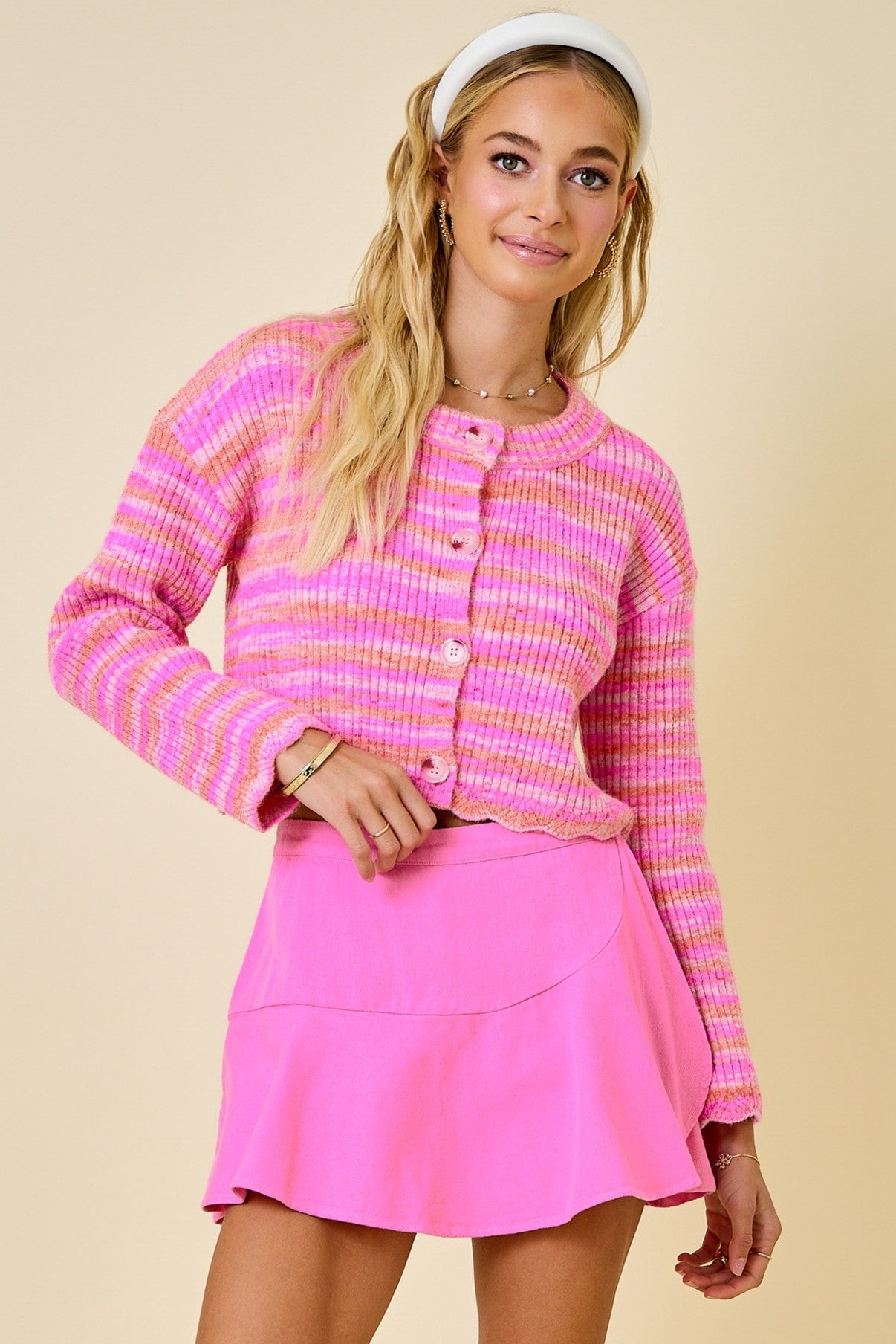 Pink Stripe Scallop Cardigan Sweater