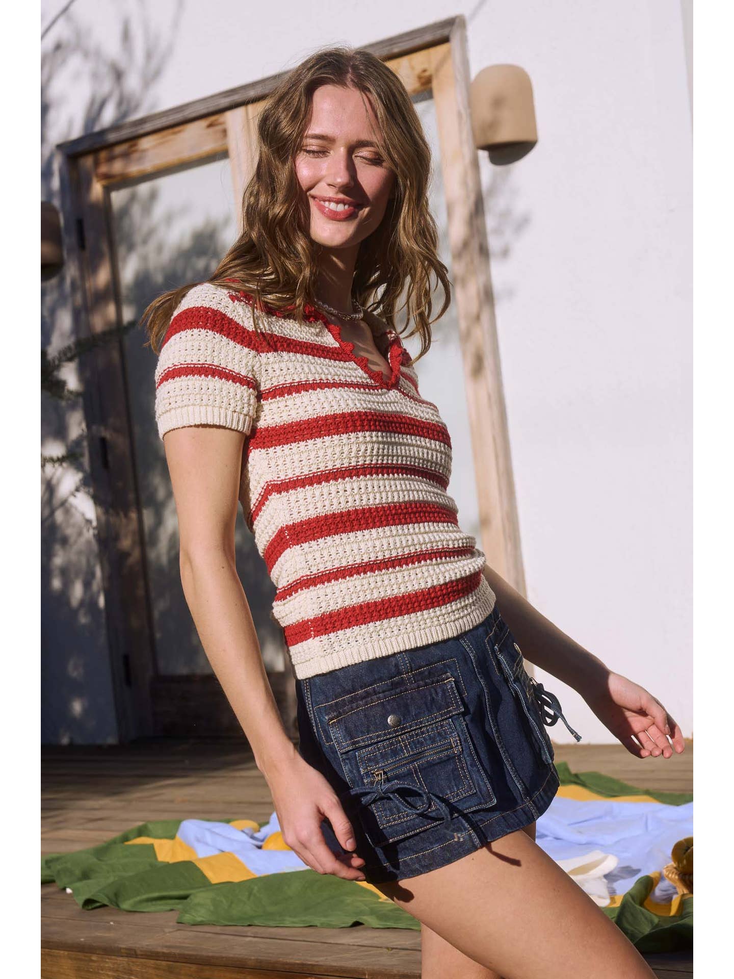 Scallop Collared Stripe Knit Top