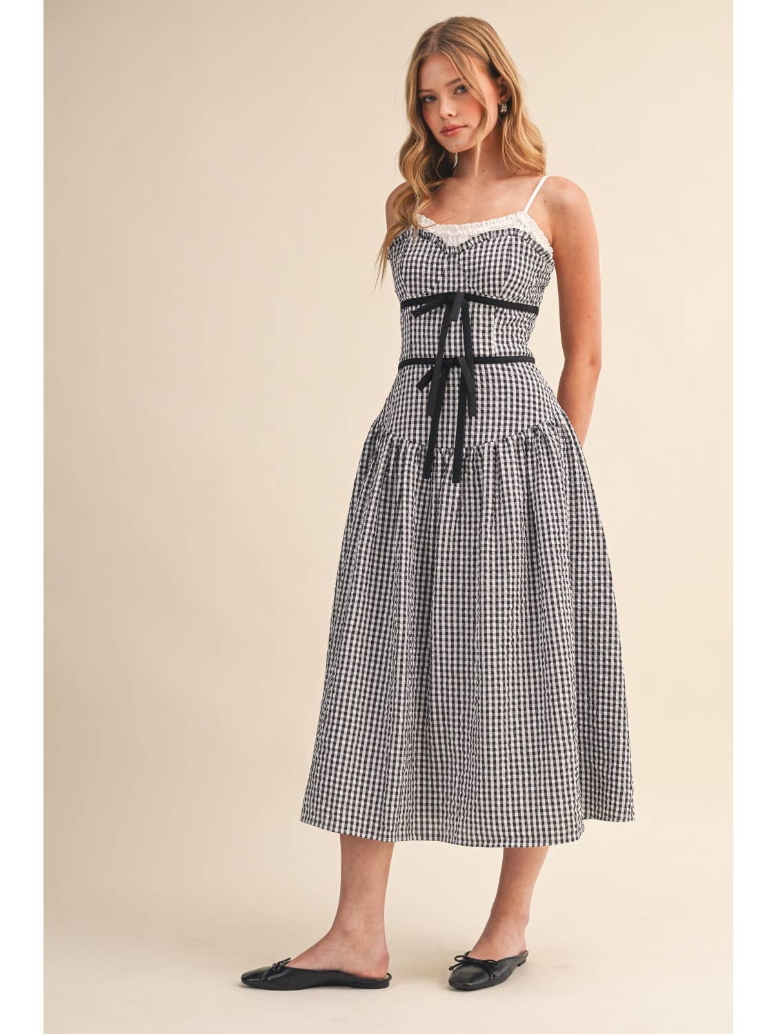 Gingham Contrast Drop Waist Midi Dress