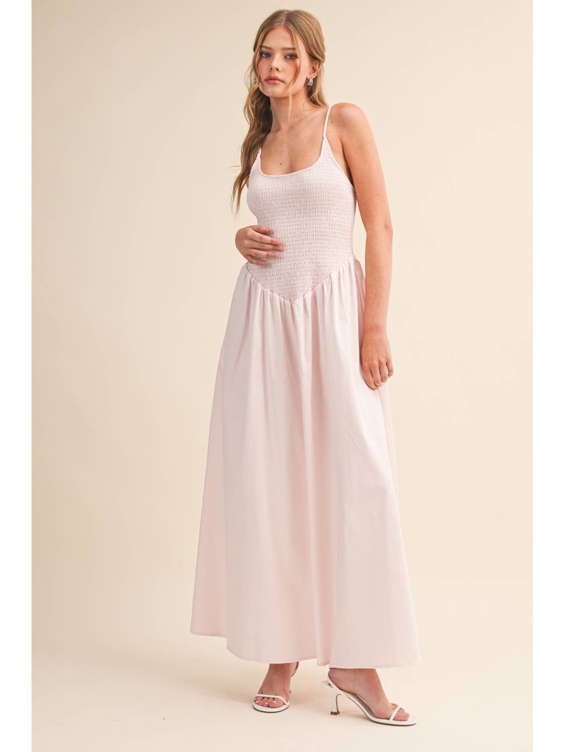 Light Pink Smocked Midi Dress