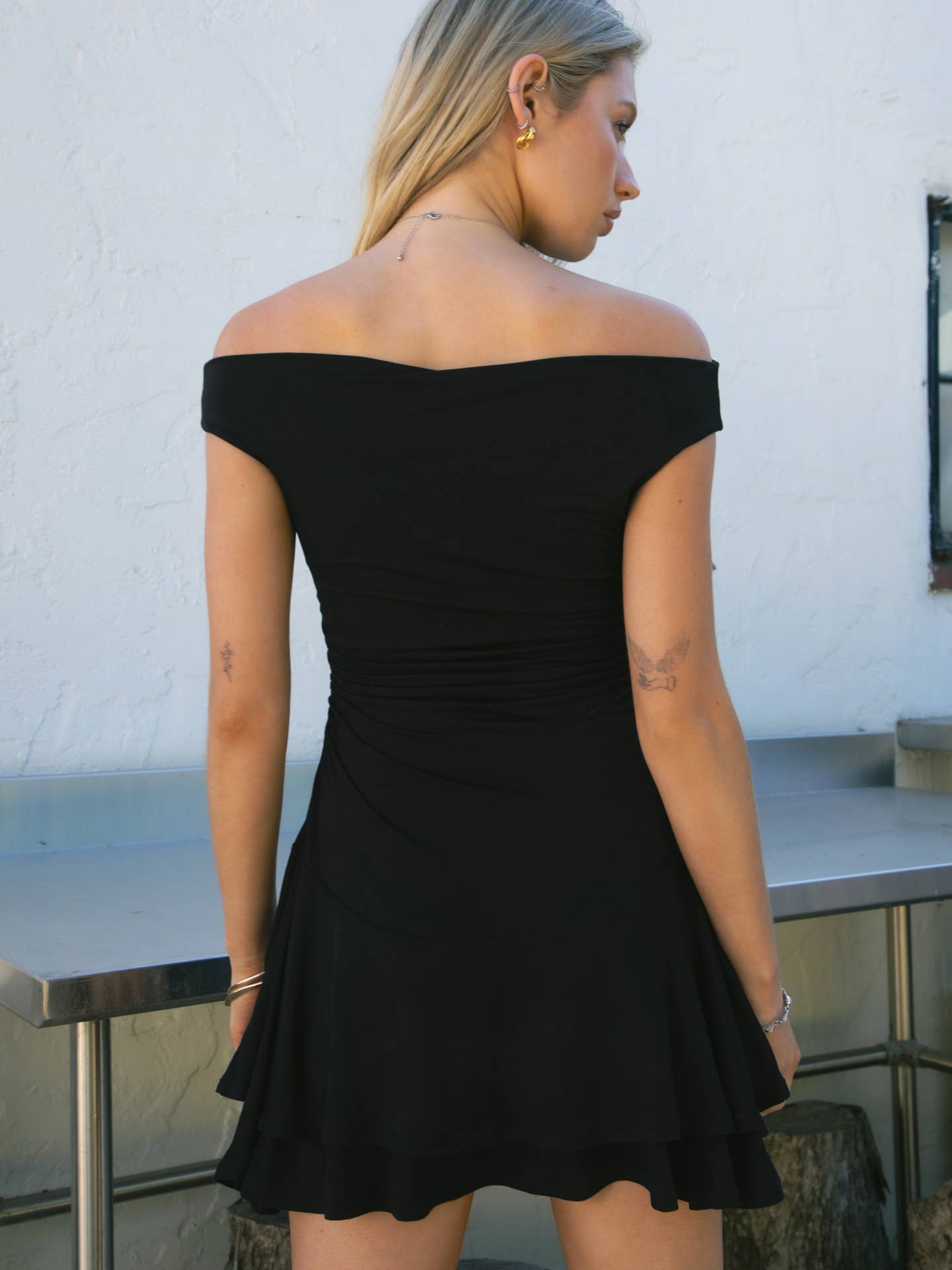 Off Shoulder Bardot Mini Black Dress
