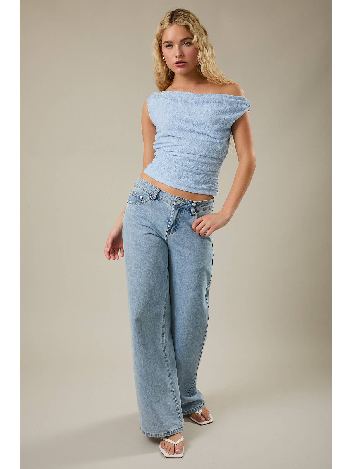 Light Blue Lace Off Shoulder Top