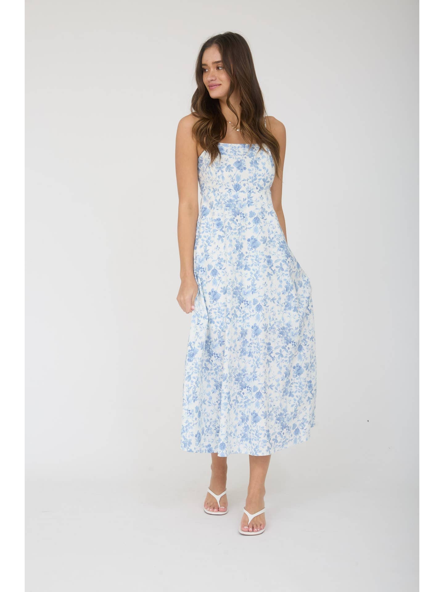 White & Blue Floral Midi Dress