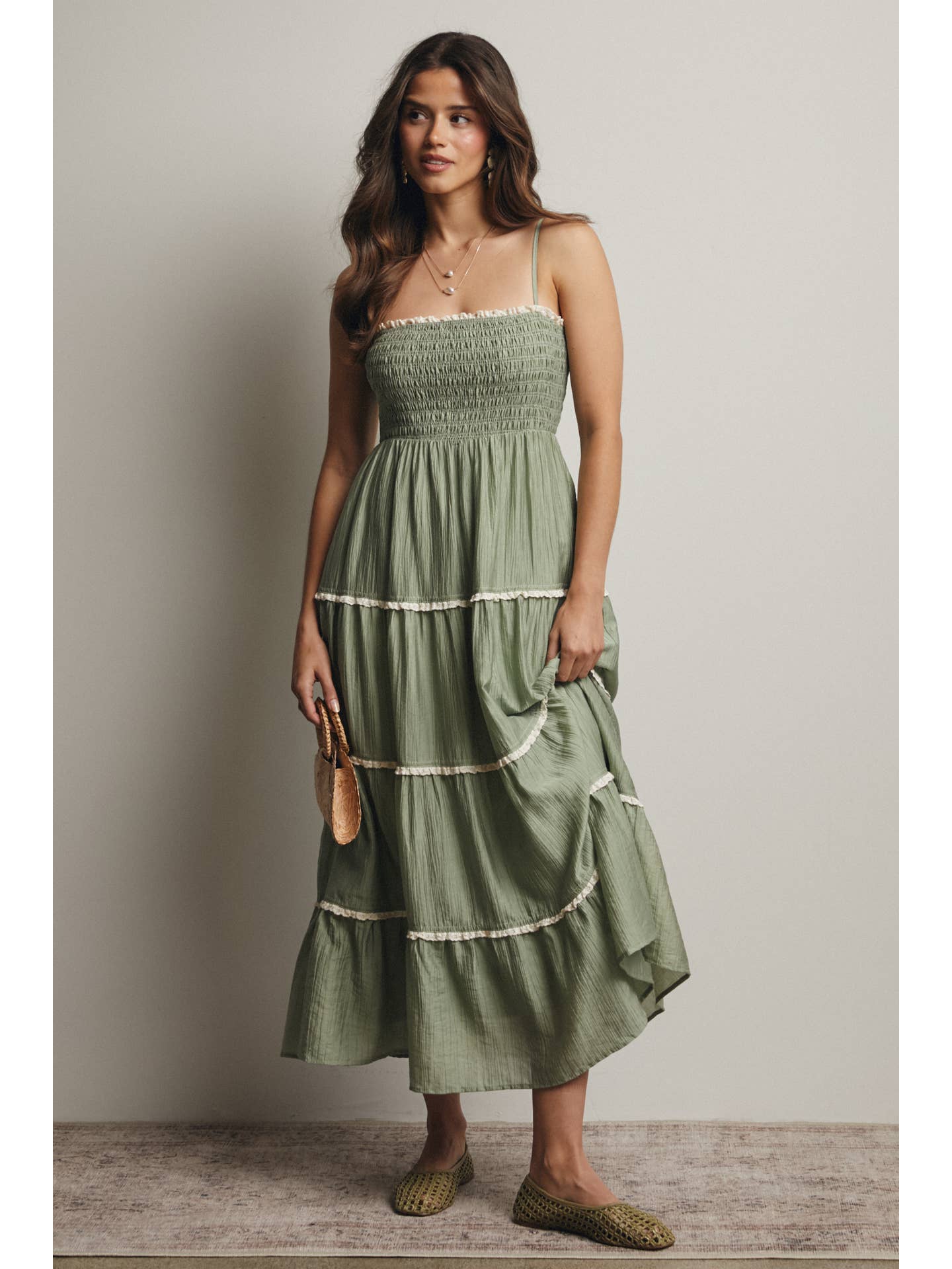 Smock Tier Lace Trim Maxi Dress