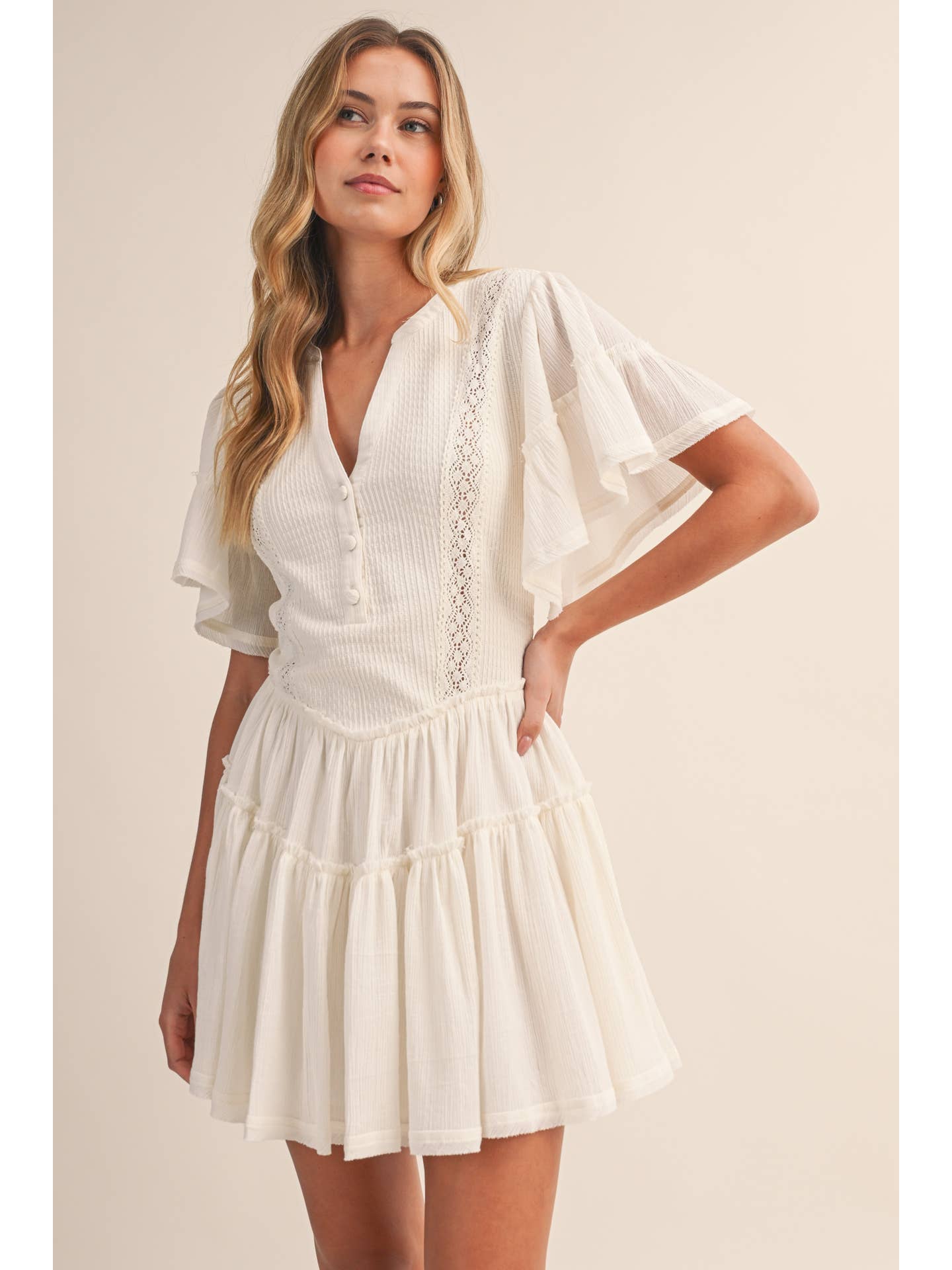 Cream Flutter Sleeve Button Mini Dress