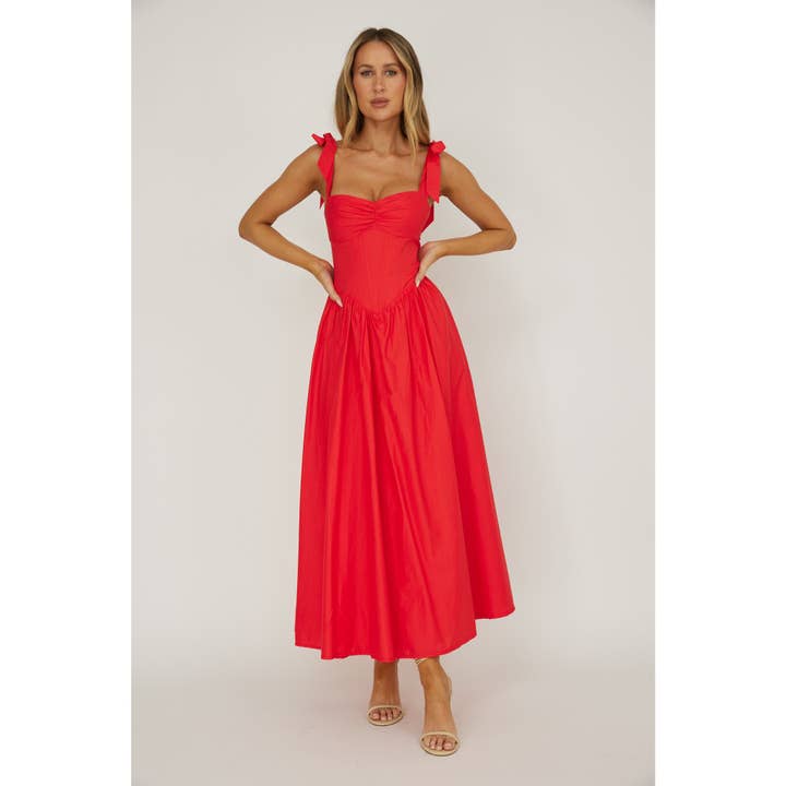 Red Tie Strap Bustier Maxi Dress