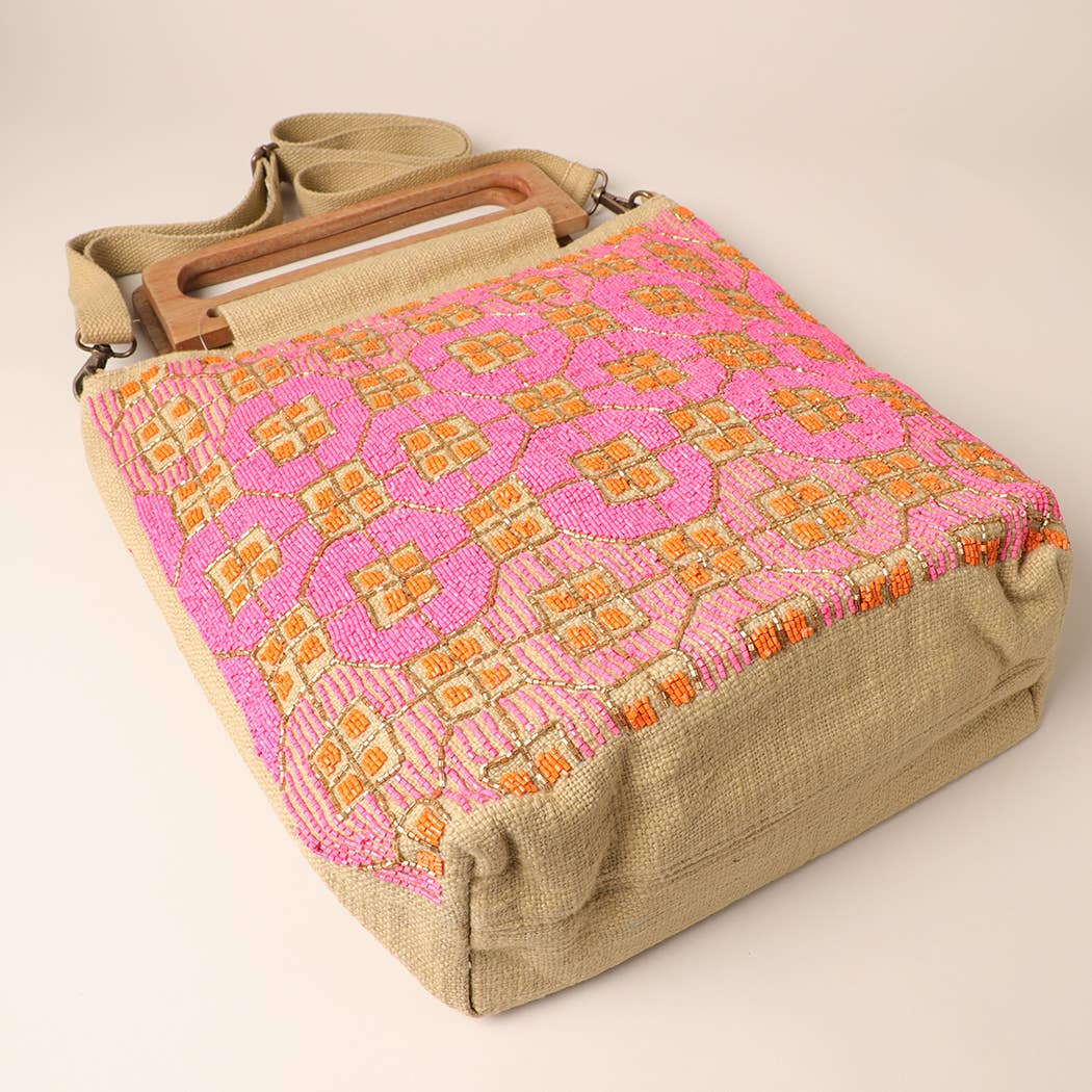 Boho Beaded & Wooden Handle Bag