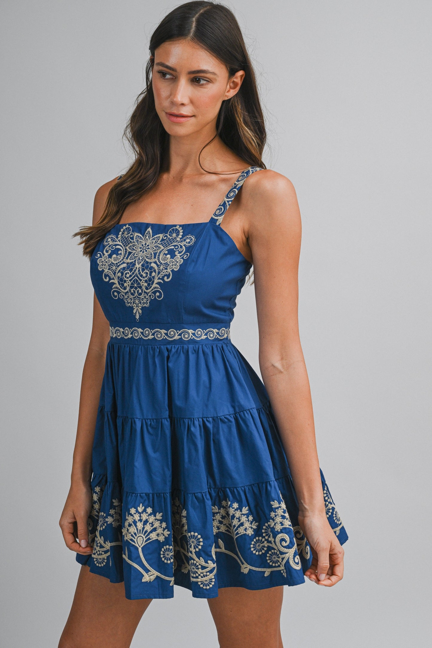 Blue Embroidered Mini Dress