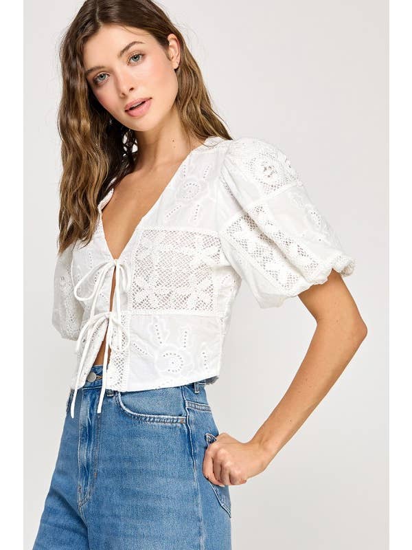 White Embroider Puff Sleeve Blouse Top