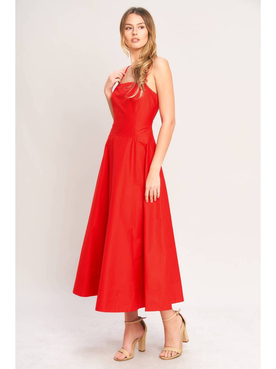 Solid Red Woven Midi Dress