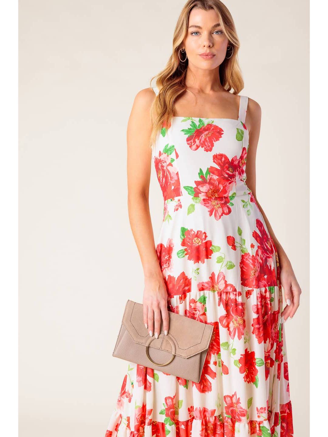 White & Red Floral Maxi Dress