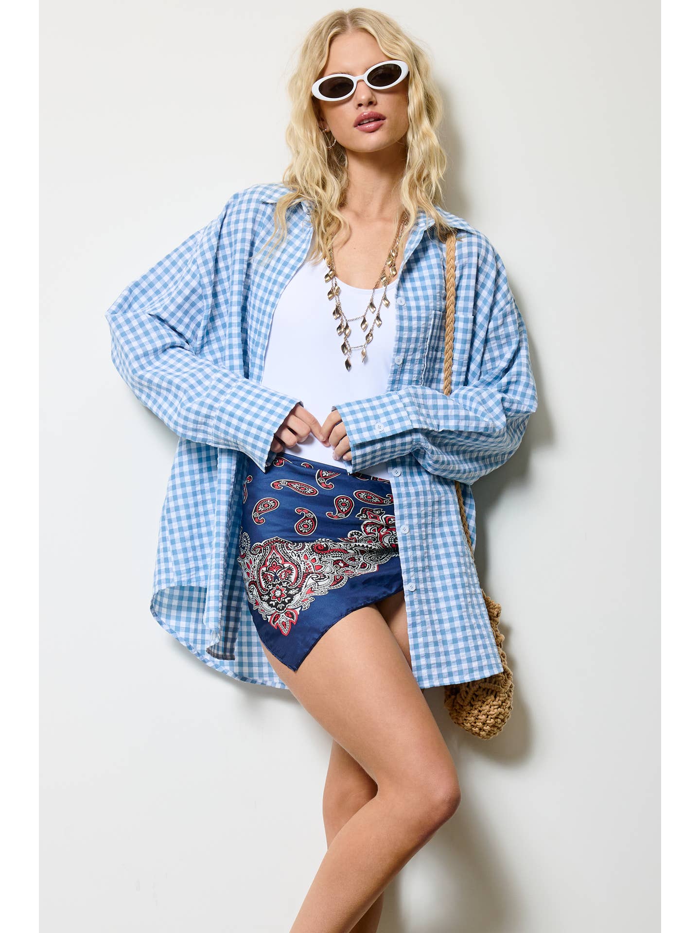 Blue Gingham Oversize Button Down Top