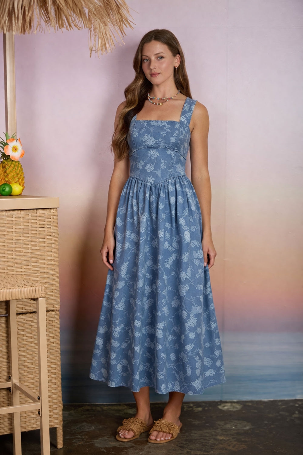 Floral Jacquard Denim Midi Dress