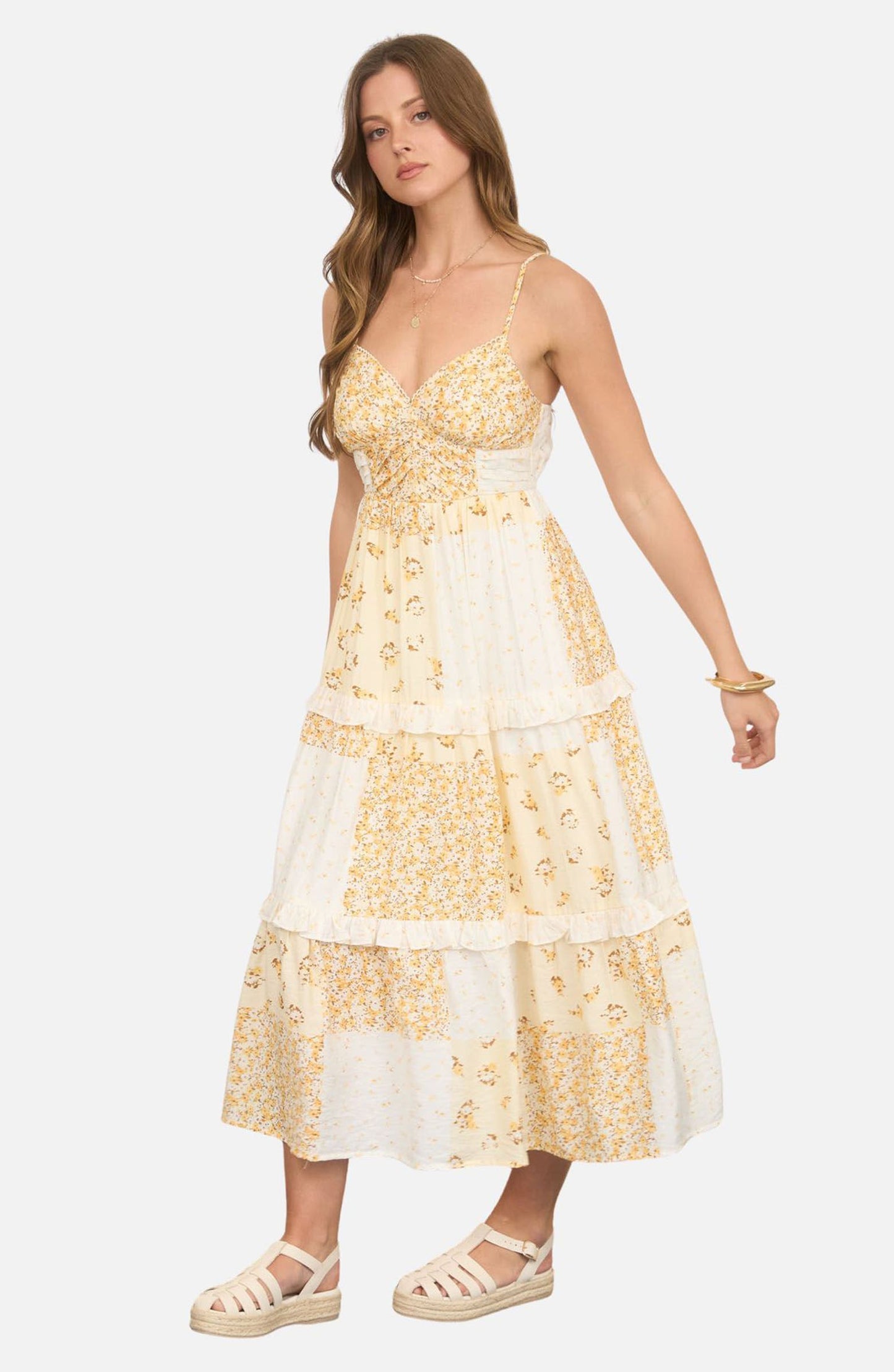 Yellow Floral Patch Print Midi Dress