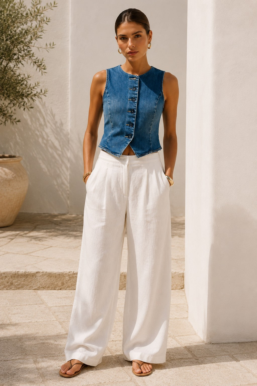 Denim High Neck Vest Top
