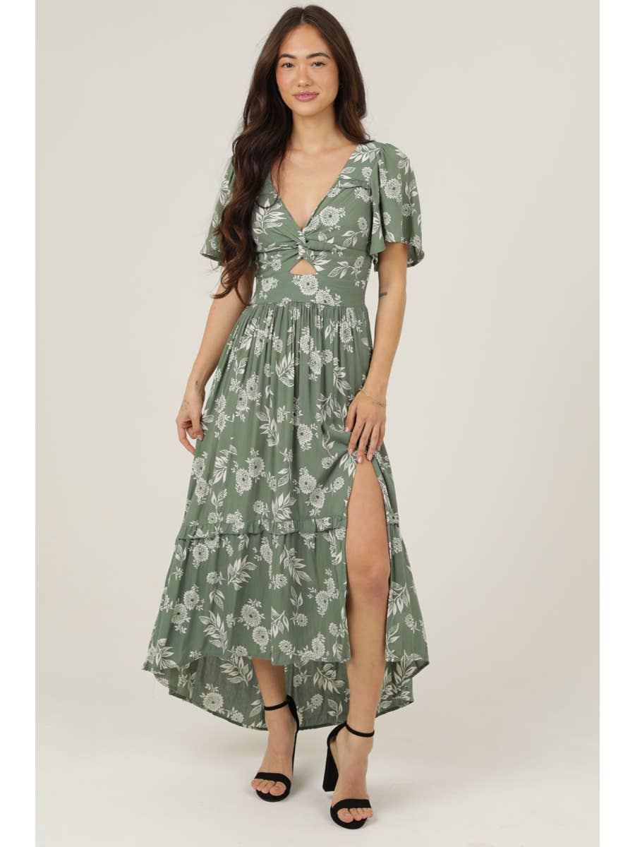 Twist Front Cut Out Maxi Slit Dress
