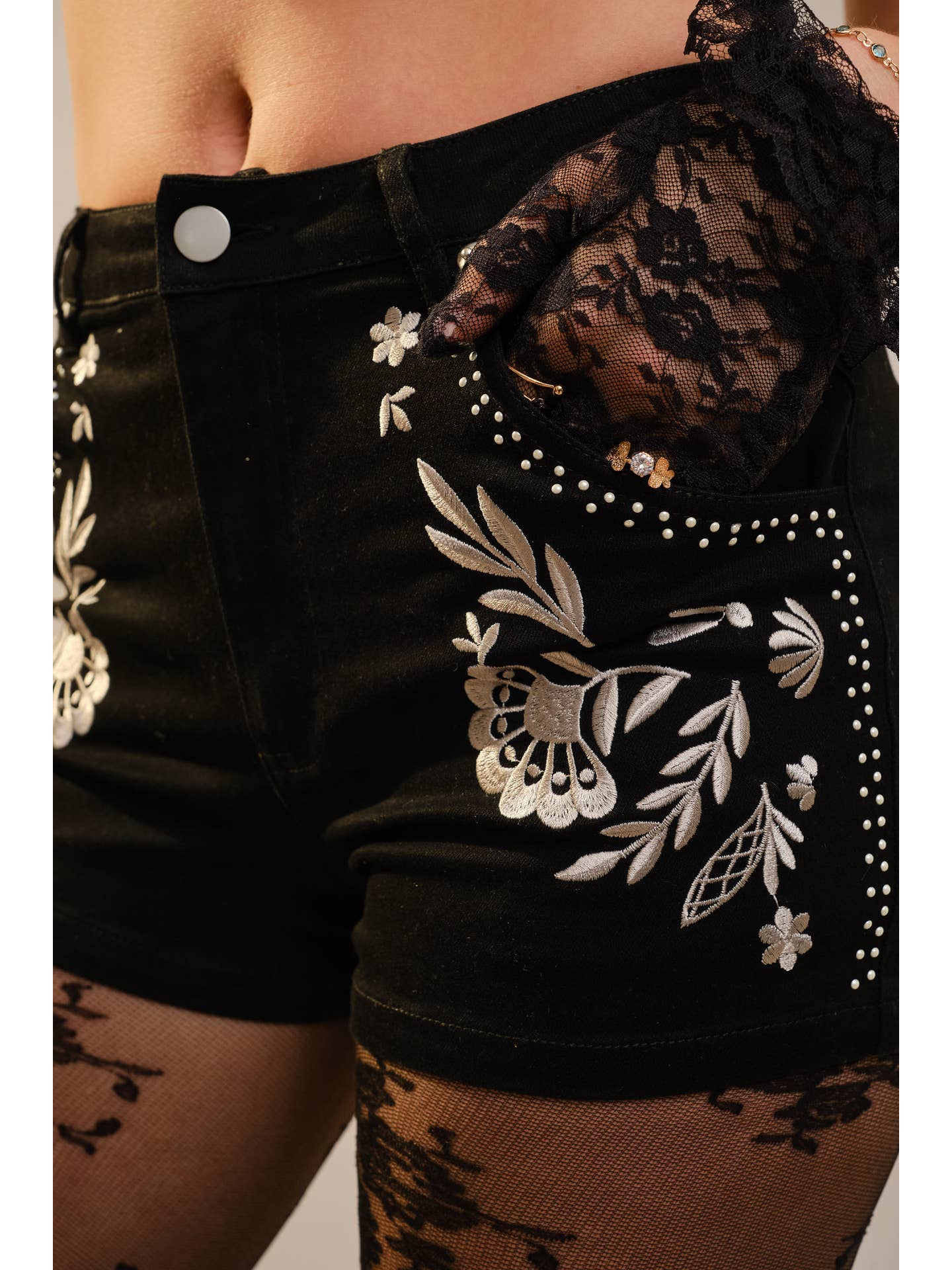 Black Embroidered Denim Shorts