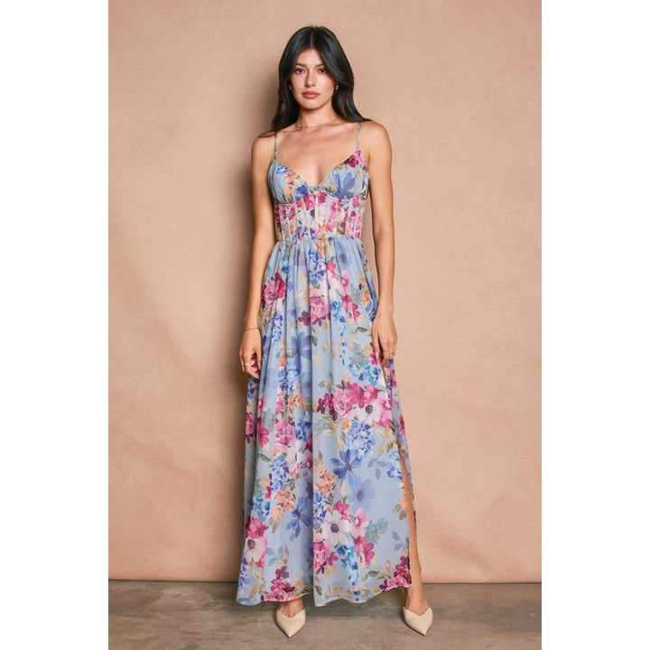 Blue Floral Corset Maxi Dress