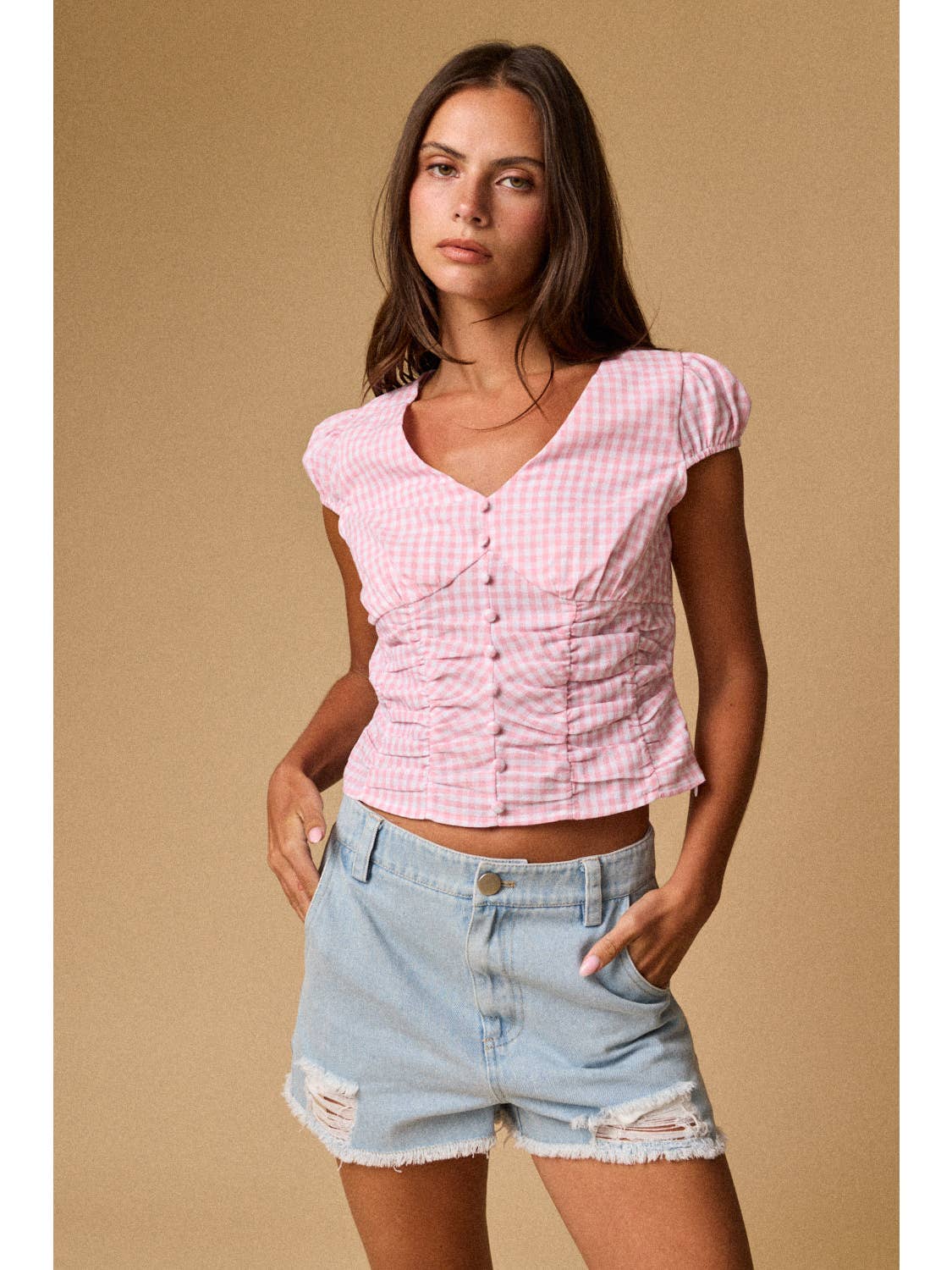Pink Gingham Button Top