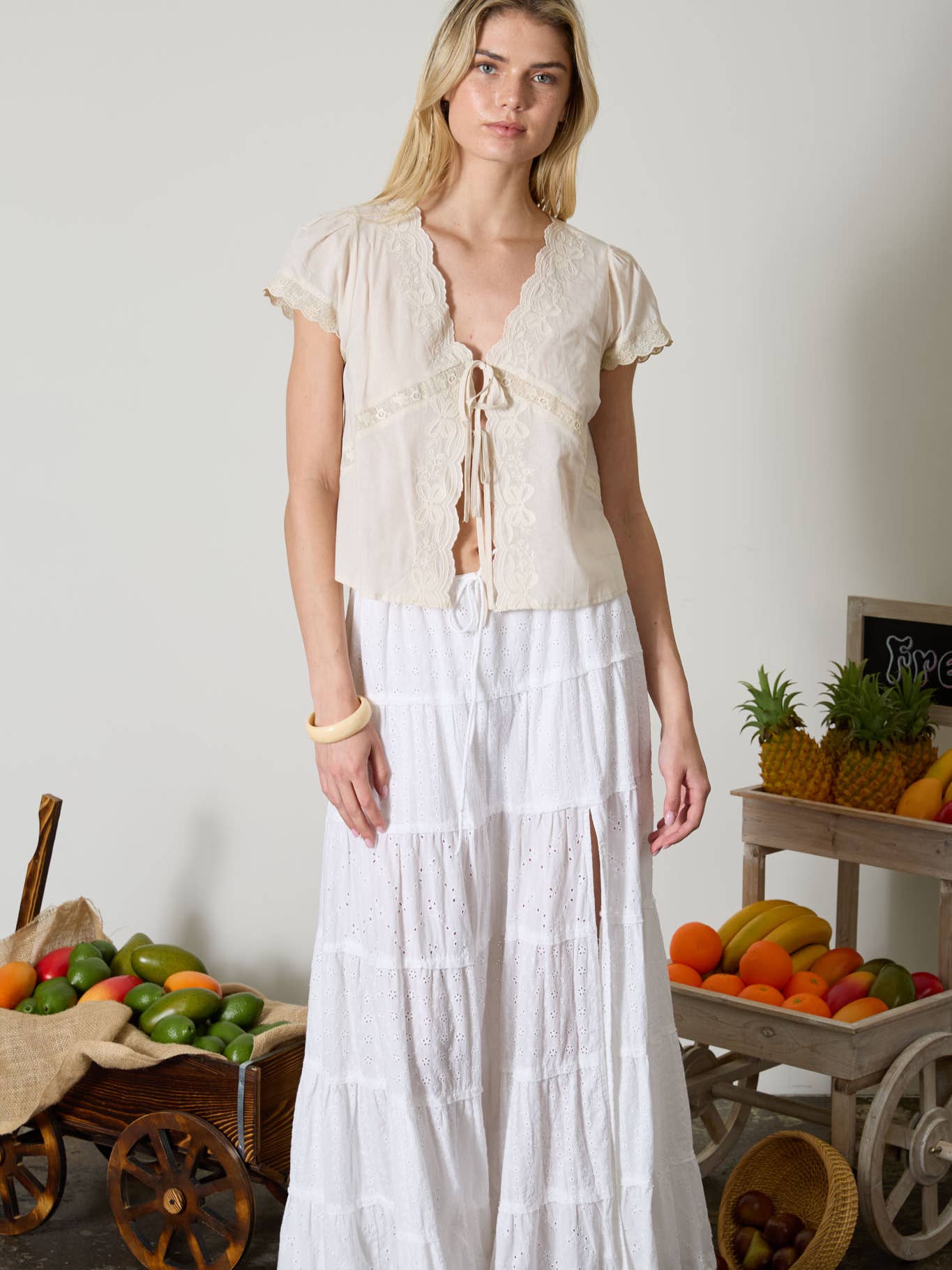 Scallop Lace Tie Beige Top