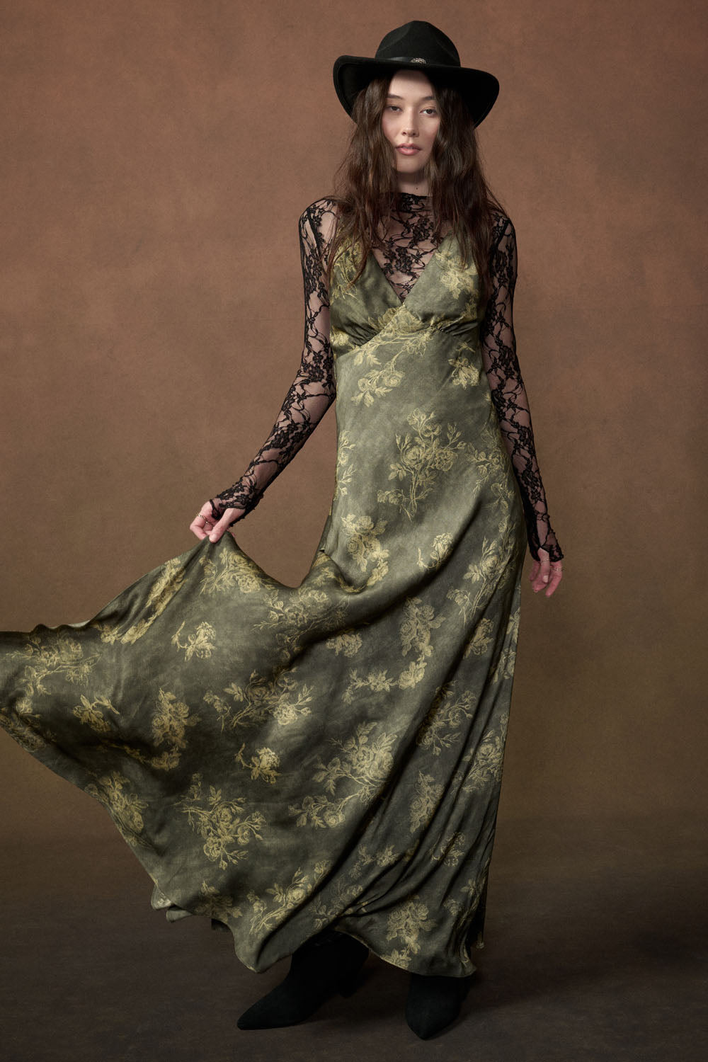 Floral Satin Halter V-Neck Open-Back Maxi Dress