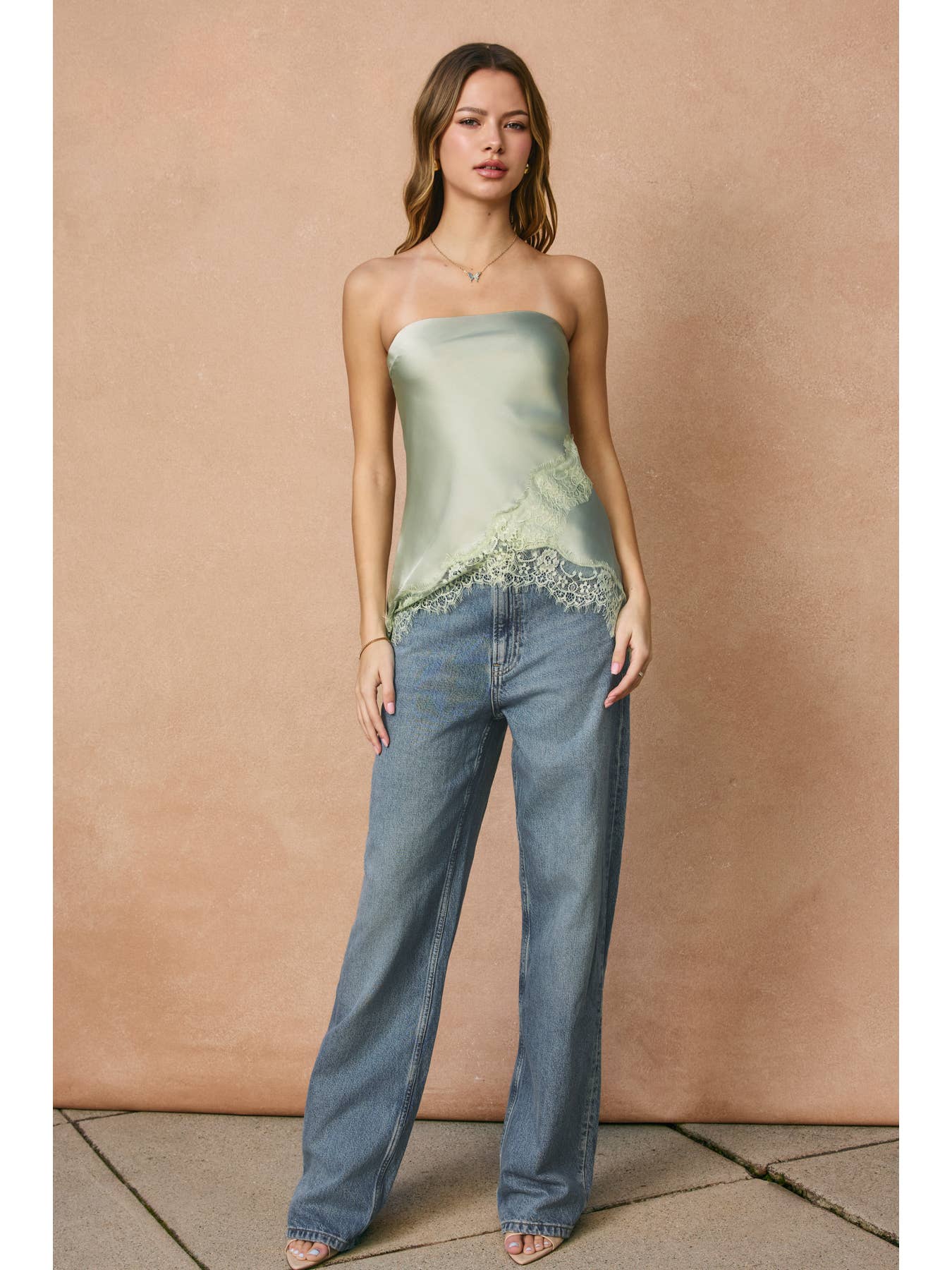 Satin Asymmetrical Lace Hem Tube Top