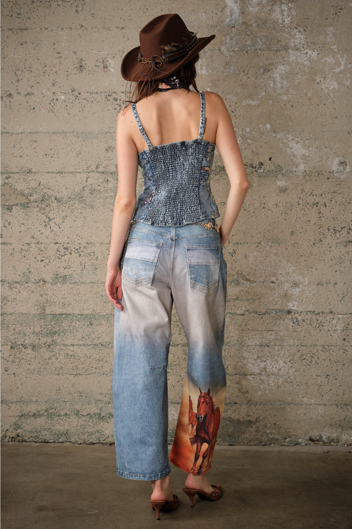 Embellished Denim Zipper Top