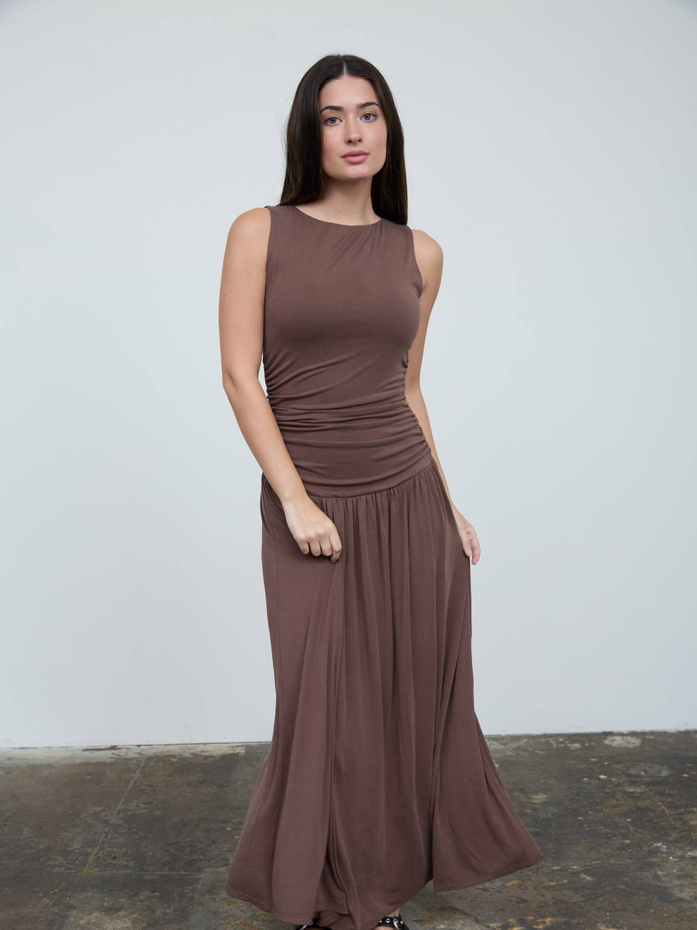 Gathered Bodice Sleeveless Maxi Dress
