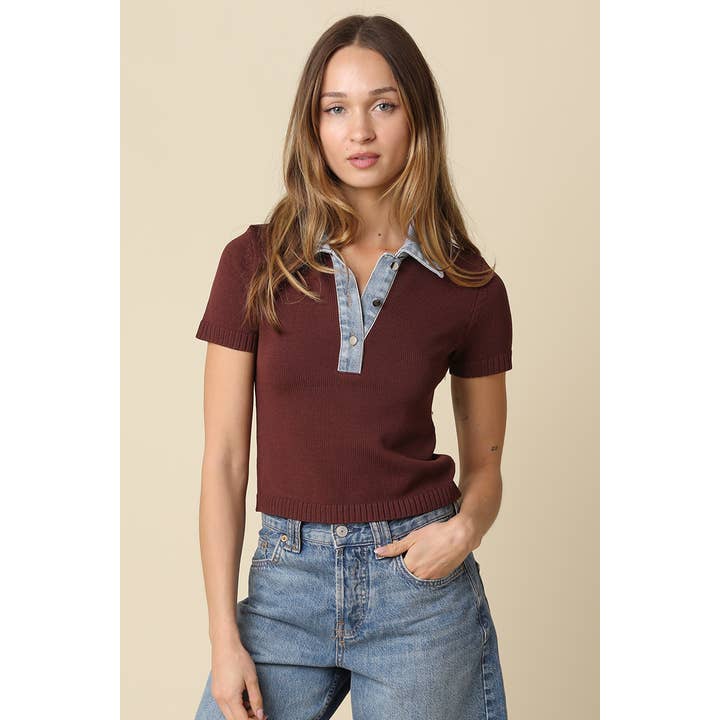 Brown & Denim Collar Sweater Top