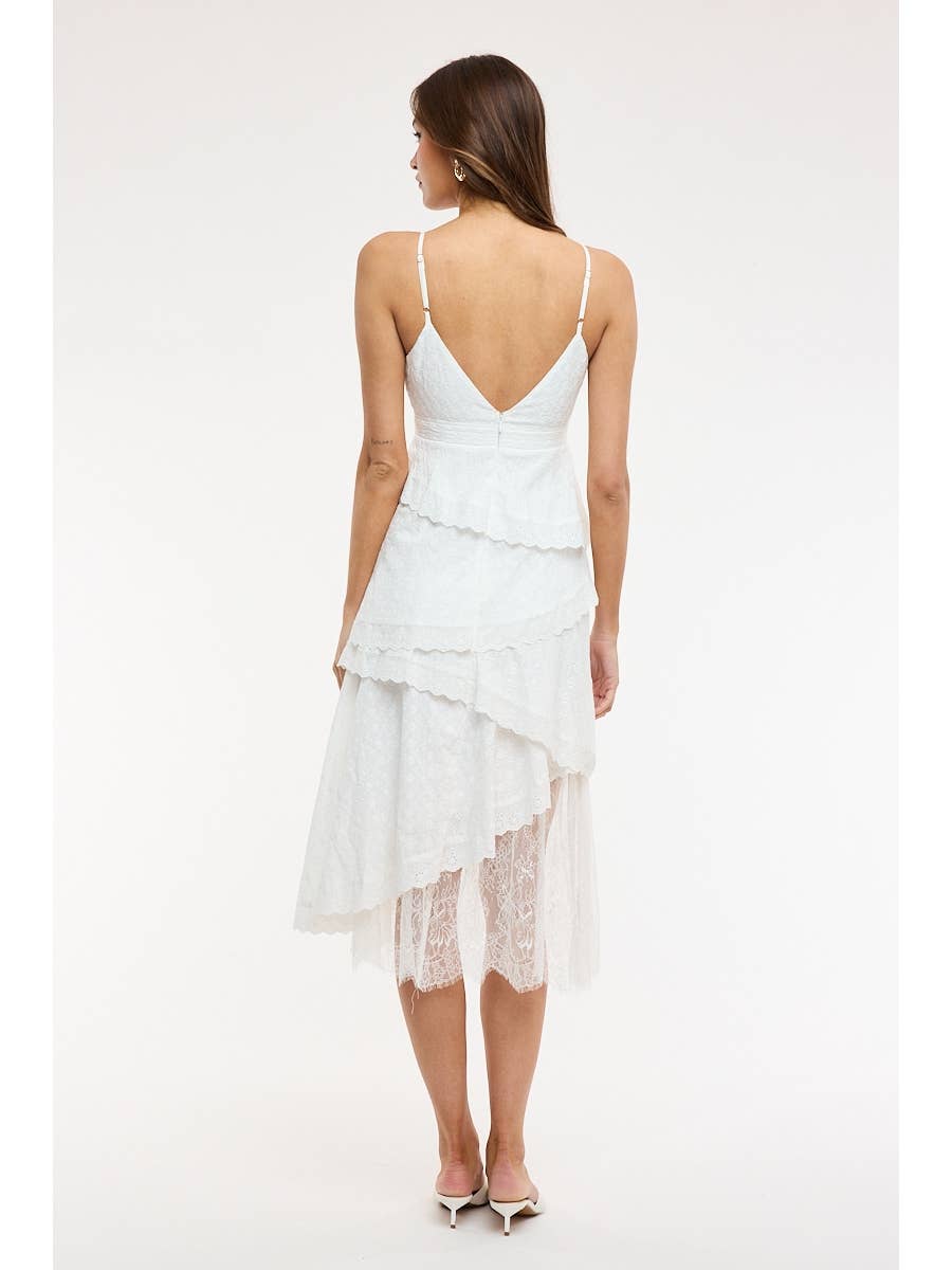 White Eyelet Asymmetric Lace Midi Dress