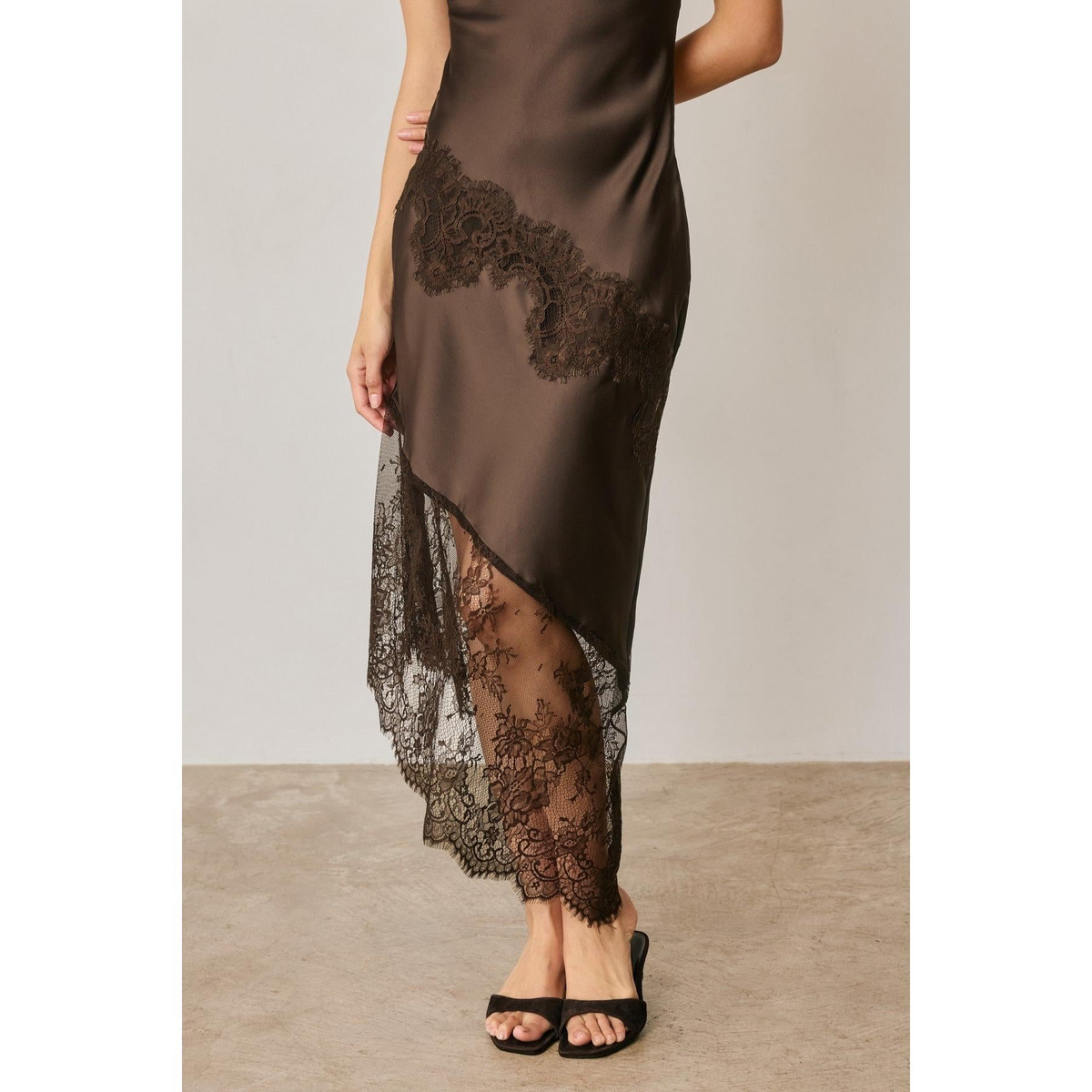 Dark Brown Lace Detail Midi Dress