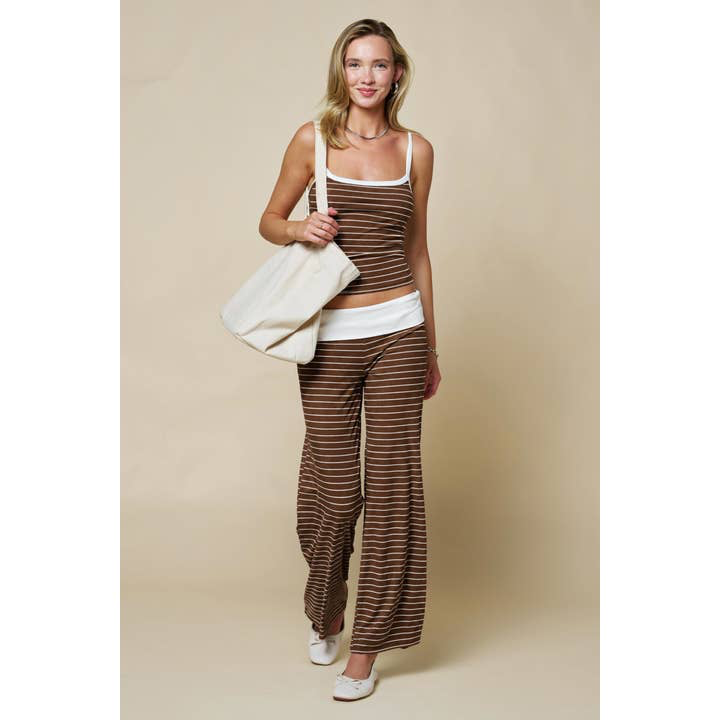 Brown Stripe Contrast Lounge Pant Set