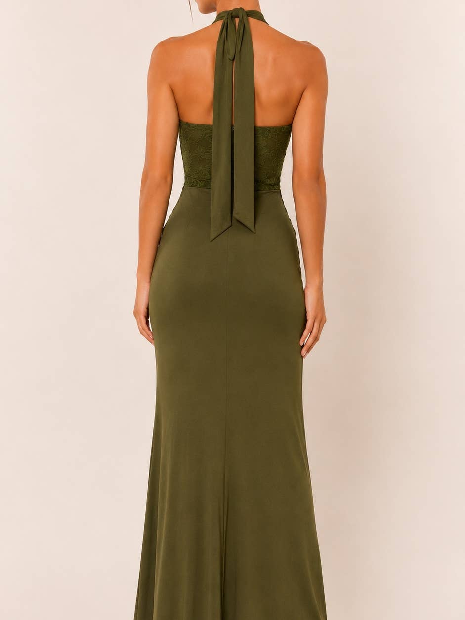 Olive Lace Halter Maxi Dress