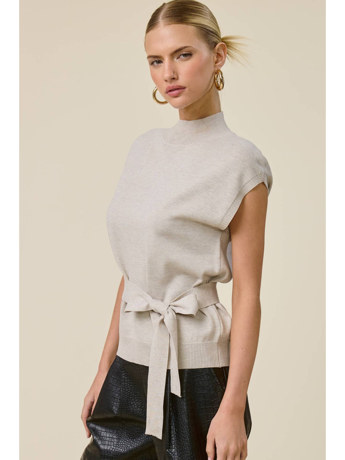 Mock Neck Belted Sweater Vest