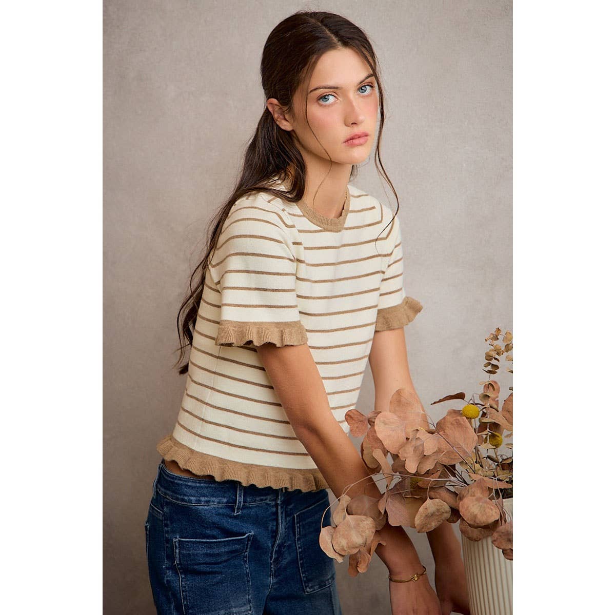 Stripe Ruffled Short Sleeve Sweater