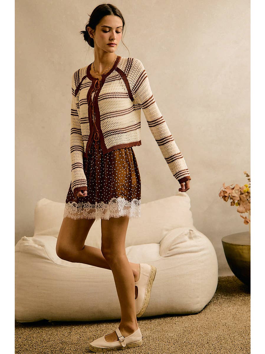 Stripe Open Knit Tie Sweater Top