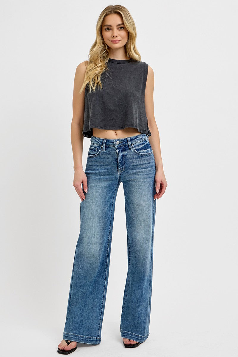 adjustable waist band wide leg denim no rips