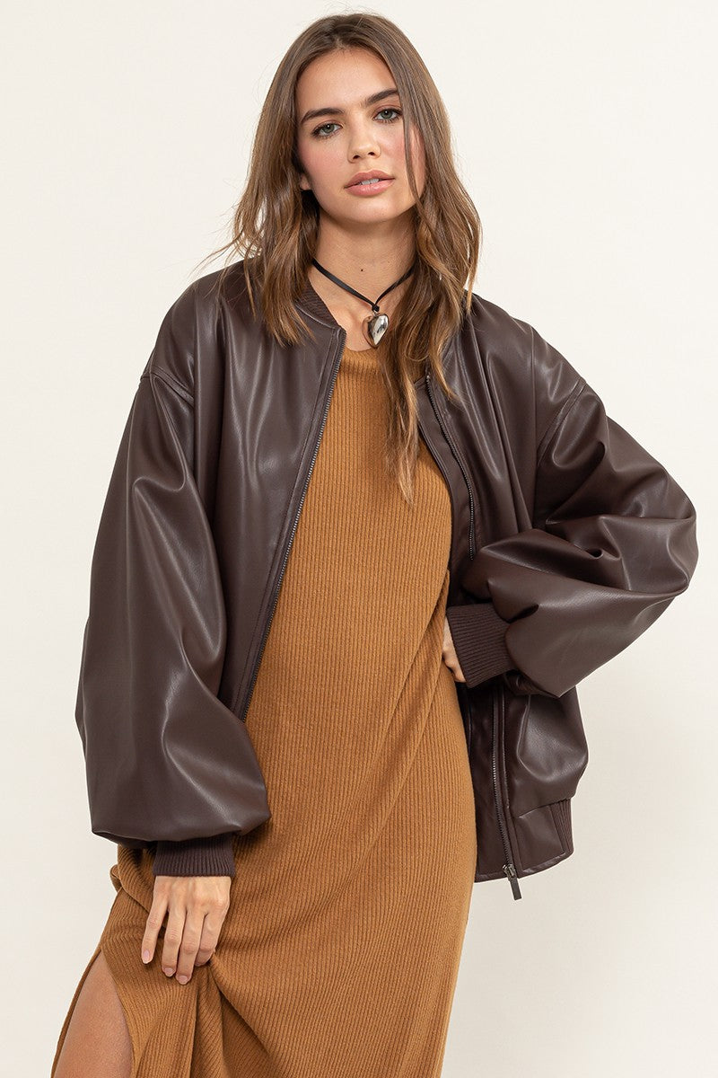 Faux Leather Oversize Bomber Jacket