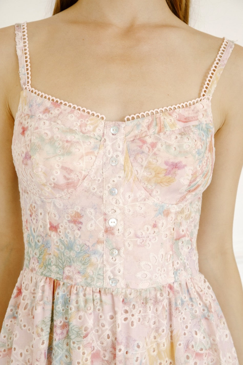 Pink Watercolor Eyelet Midi Dress
